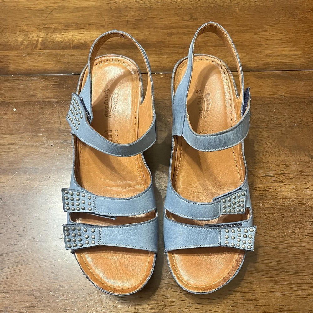 Spring Step Blue‎ Sandal Wedge Women Size 39 US 8.5 Studded Strap Boho Artsy